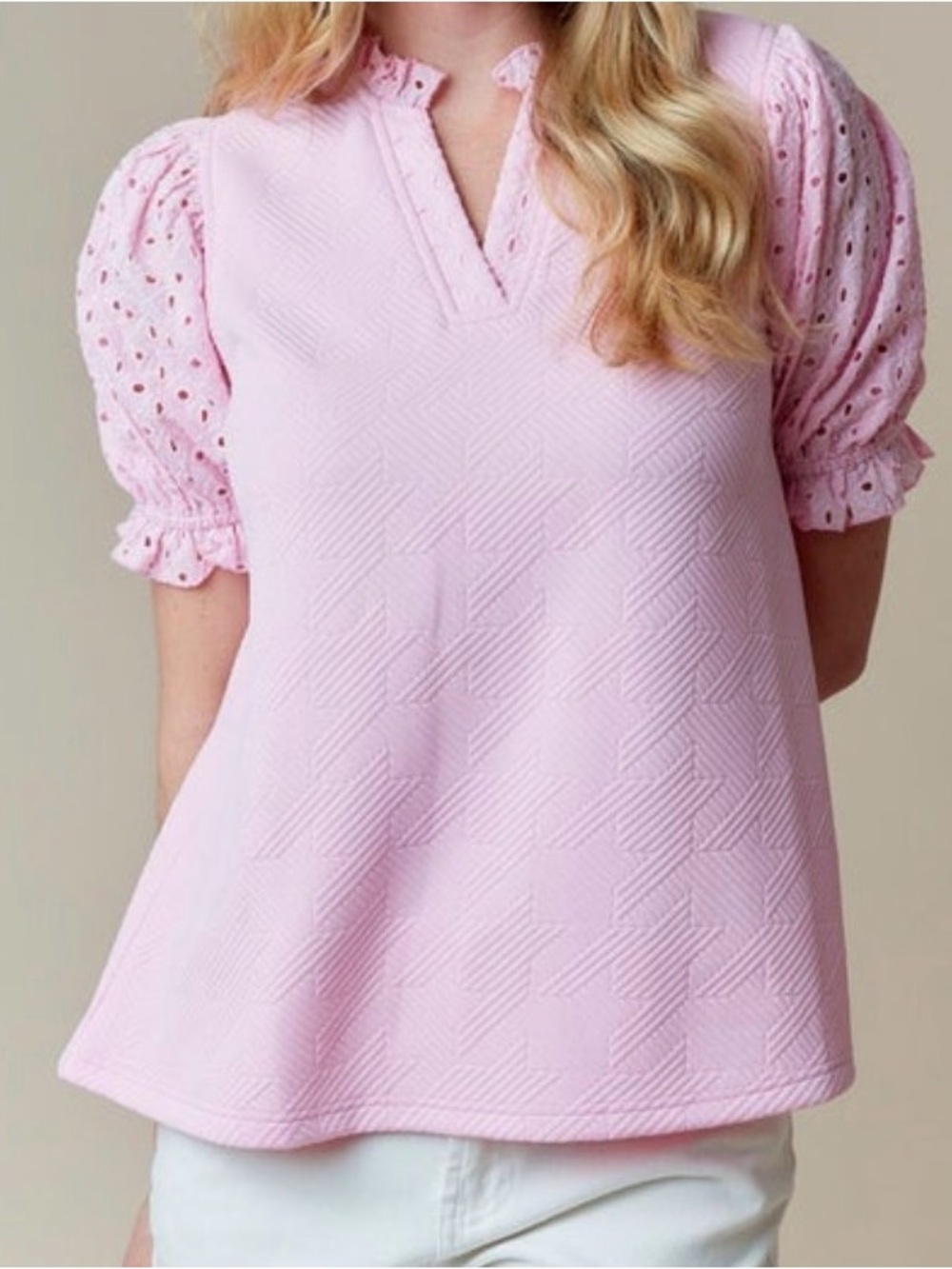 Pink Eyelet Puff-Sleeve Women's Top